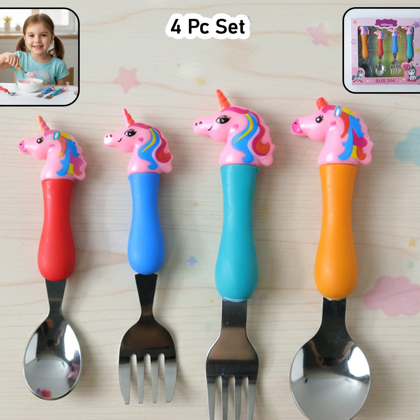 Unicorn Theme Kids Spoon And Fork With Plastic Handle Set (4 Pc Set)