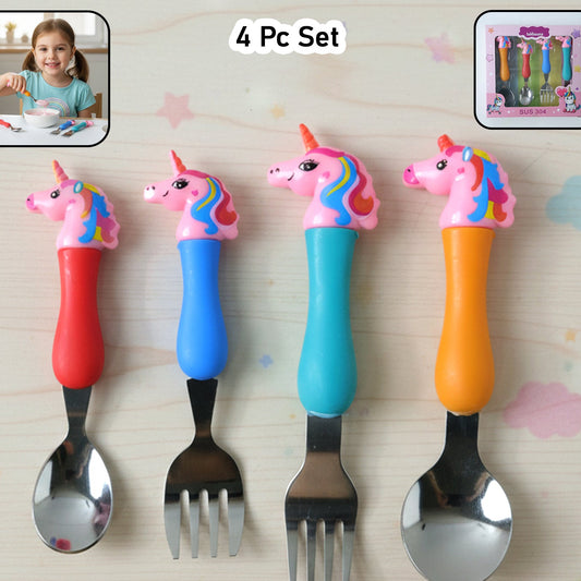 Unicorn Theme Kids Spoon And Fork With Plastic Handle Set (4 Pc Set)