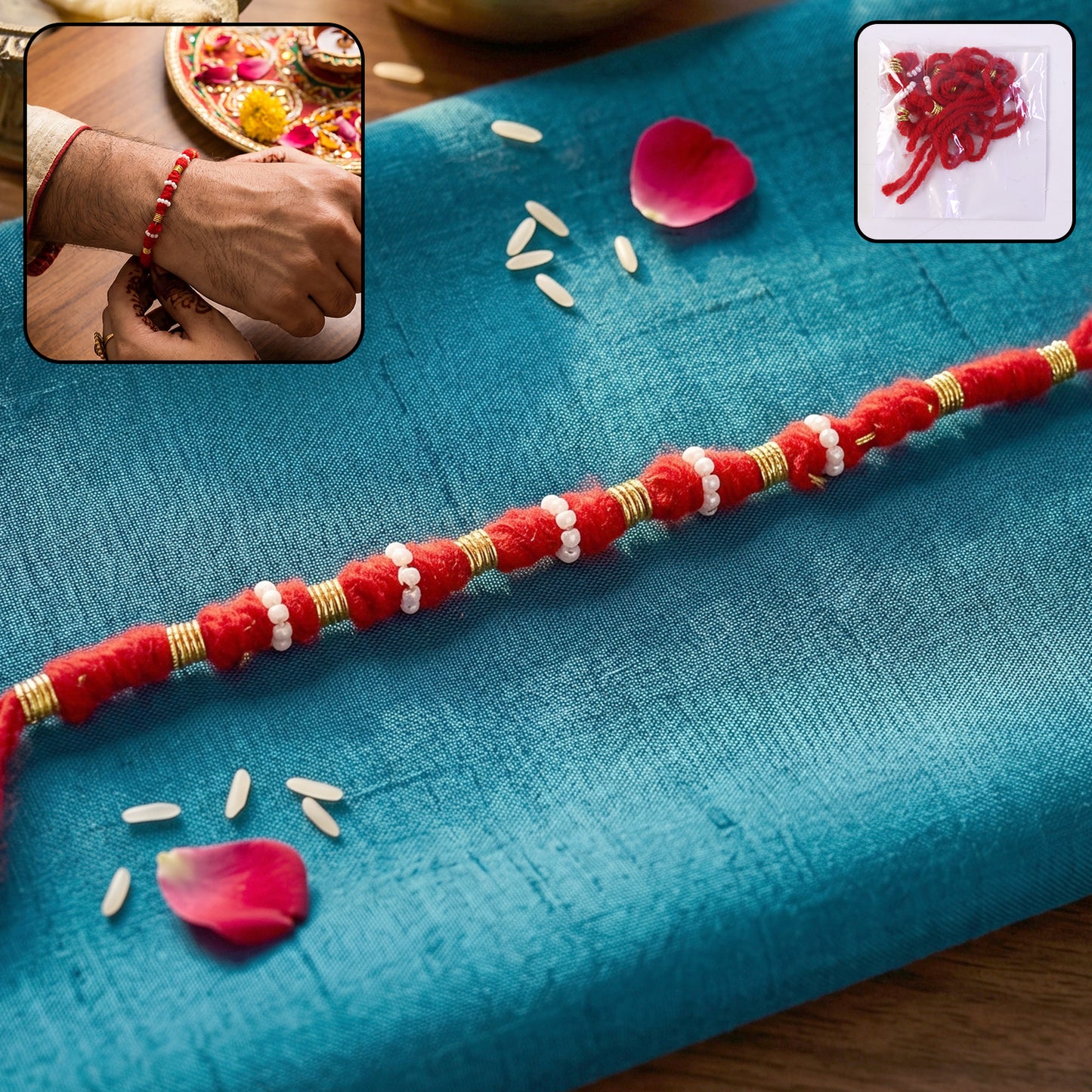 Handmade Rakhi Bracelet with White Beads and Golden Accents (1 Pc) - Happy Price - Image 2