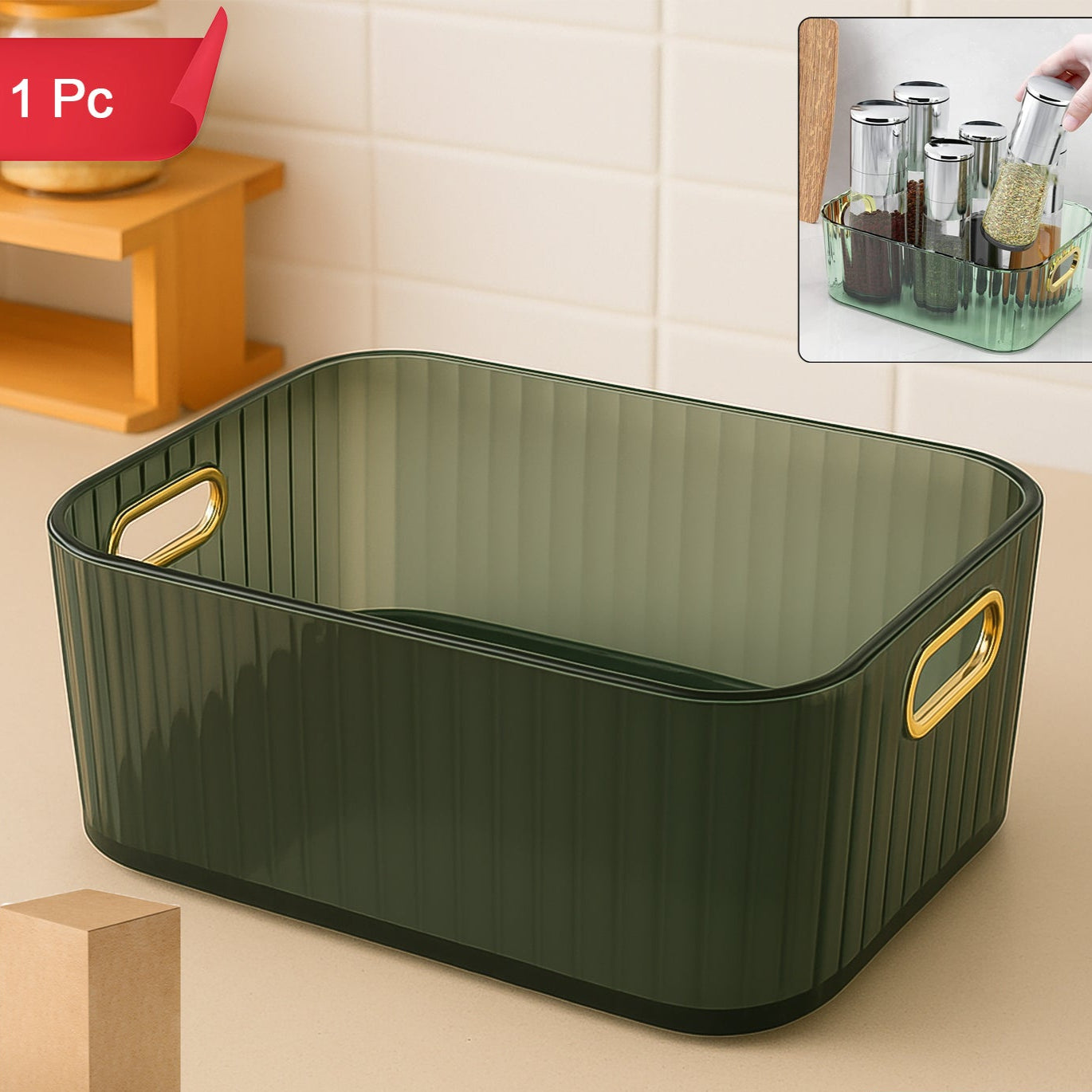 Premium Ribbed Transparent Storage Basket With Gold Handle  Multipurpose Kitchen Amp Home Organizer Box - Happy Price - Image 1