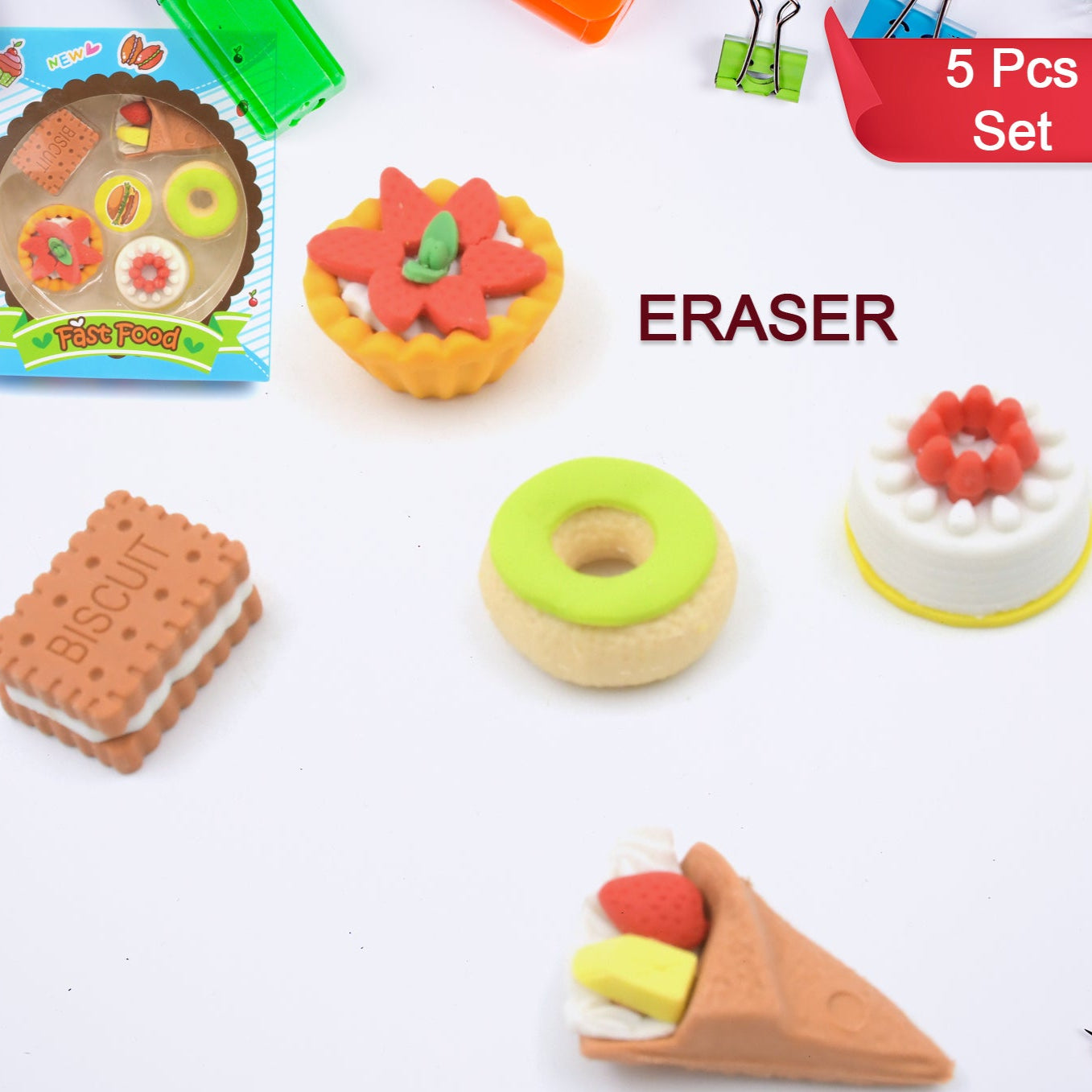 3d Fast Food Fancy  Stylish Colorful Erasers Mini Eraser Creative Cute Novelty Eraser For Children Different Designs Eraser Set For Return Gift Birthday Party School Prize Fast Food Set Eraser ( 5 Pc Set ) - Happy Price - Image 1
