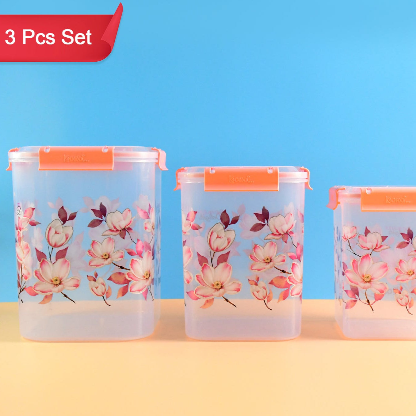 Square 3 Pcs Floral Printed Airtight Storage Container Set  Approx 2.8 Ltr 4.5 Ltr 6.9 Ltr (3 Pcs Set) - Happy Price - Image 1