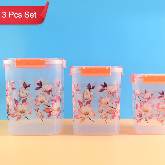 Square 3 Pcs Floral Printed Airtight Storage Container Set  Approx 2.8 Ltr 4.5 Ltr 6.9 Ltr (3 Pcs Set) - Happy Price - Image 1