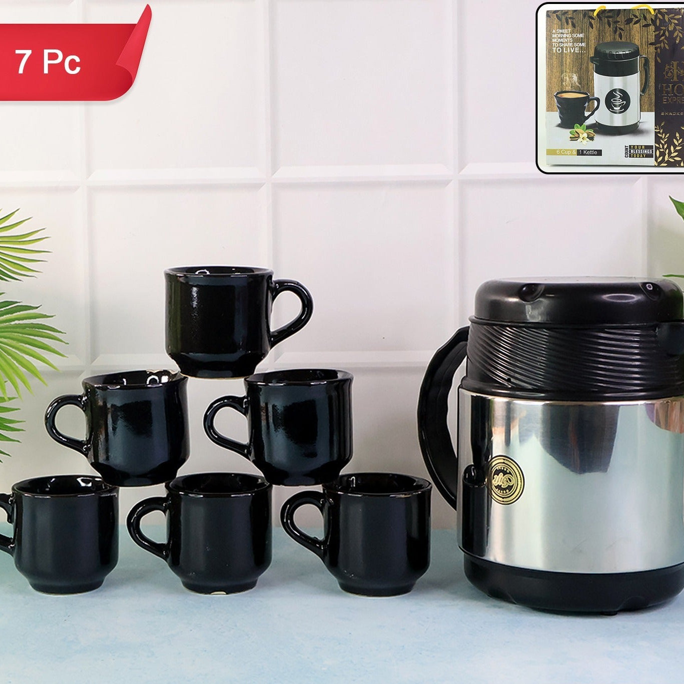Insulated Thermos Flask with 6 Ceramic Cups - Hot Beverage Serving Set - Happy Price - Image 1