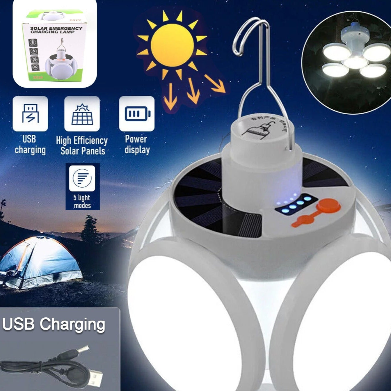 Solar Multi-functional Emergency Led Light Bulb With Usb Charging Led Camping Lamp Camping Lamp Usb Rechargeable 5 Brightness Light Modes Foldable Camping Light Sos Ip65 Waterproof Camping Light Blackout Emergency Equipment Camping Gadgets - Happy Price - Image 1