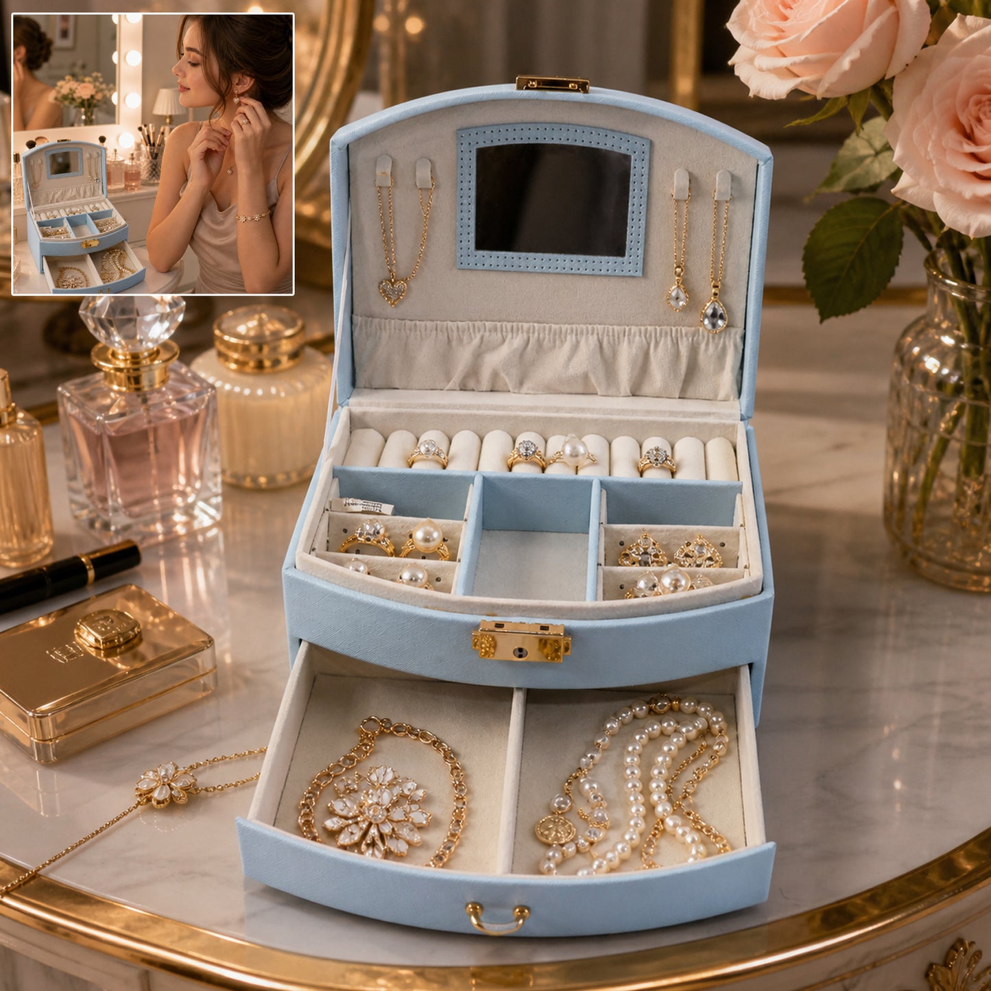 Multi-Layer Jewelry Organizer Box with Mirror - 1 Set - Happy Price - Image 2