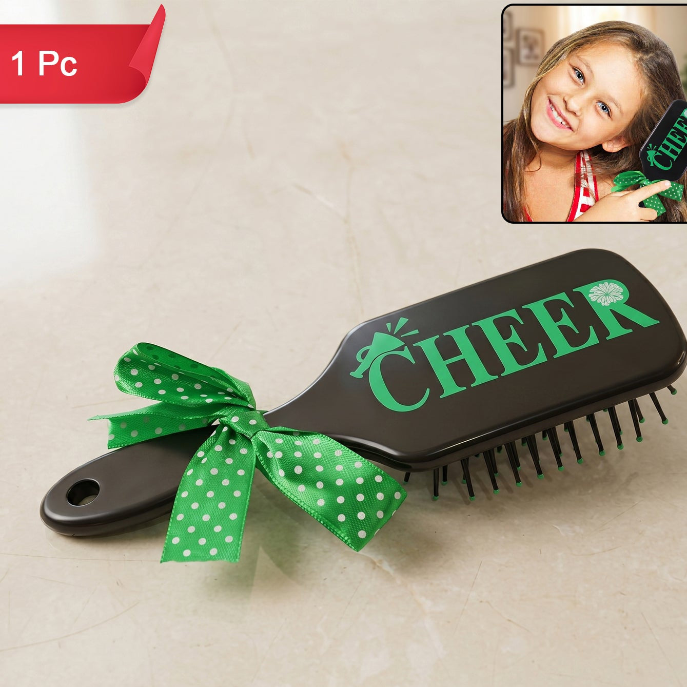 Kids Printed Hair Brush With Cute Ribbon Bow Handle Detangling Hair Comb (1 Pc)