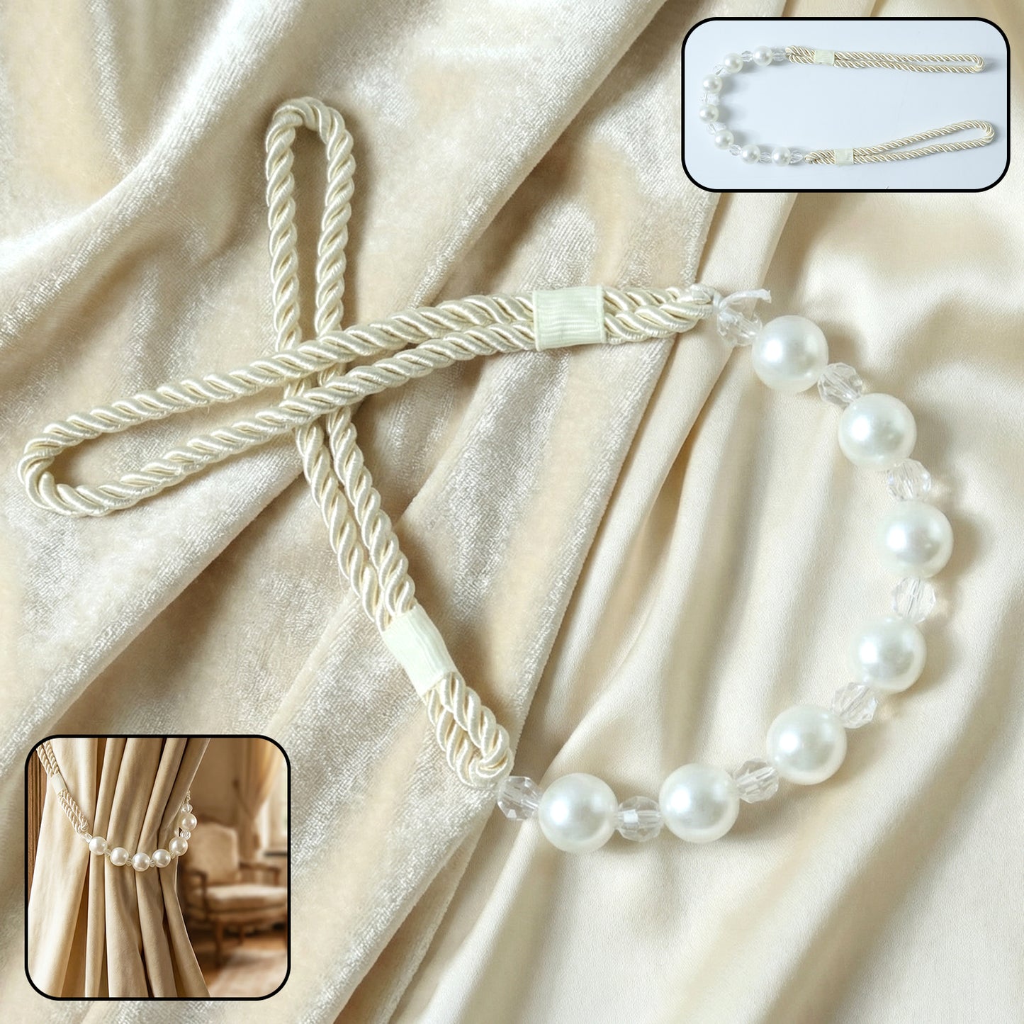 Pearl Beaded Curtain Tieback with Rope - 1 Piece - Happy Price - Image 2