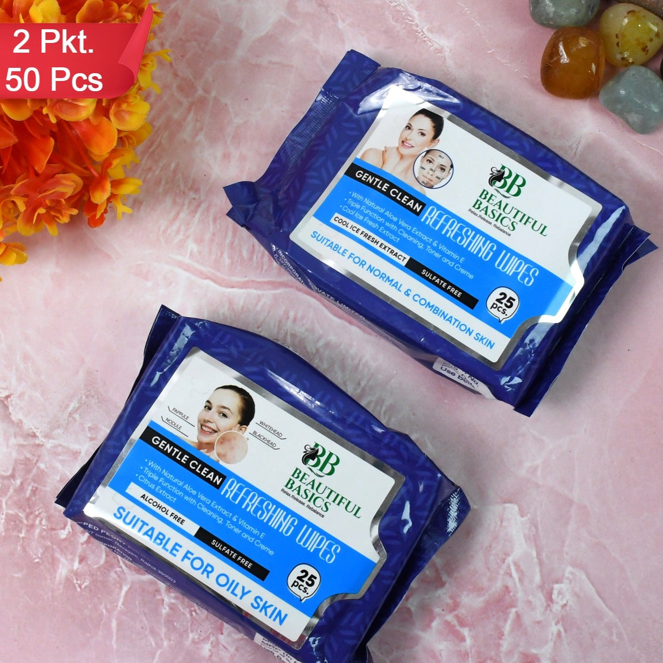 Beautiful Basics Normal  Oily Skin Face Wipes (2 Pkts X 50 Pcs Wipes) - Happy Price - Image 1