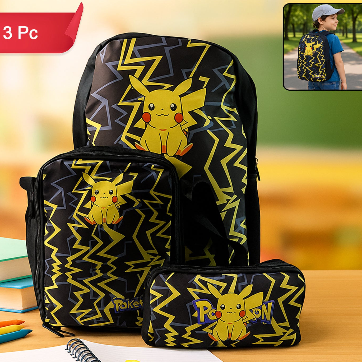 3 Pc Kids School Bag Combo Set with Cartoon Print - Backpack, Lunch Bag & Pencil Pouch - Happy Price - Image 1