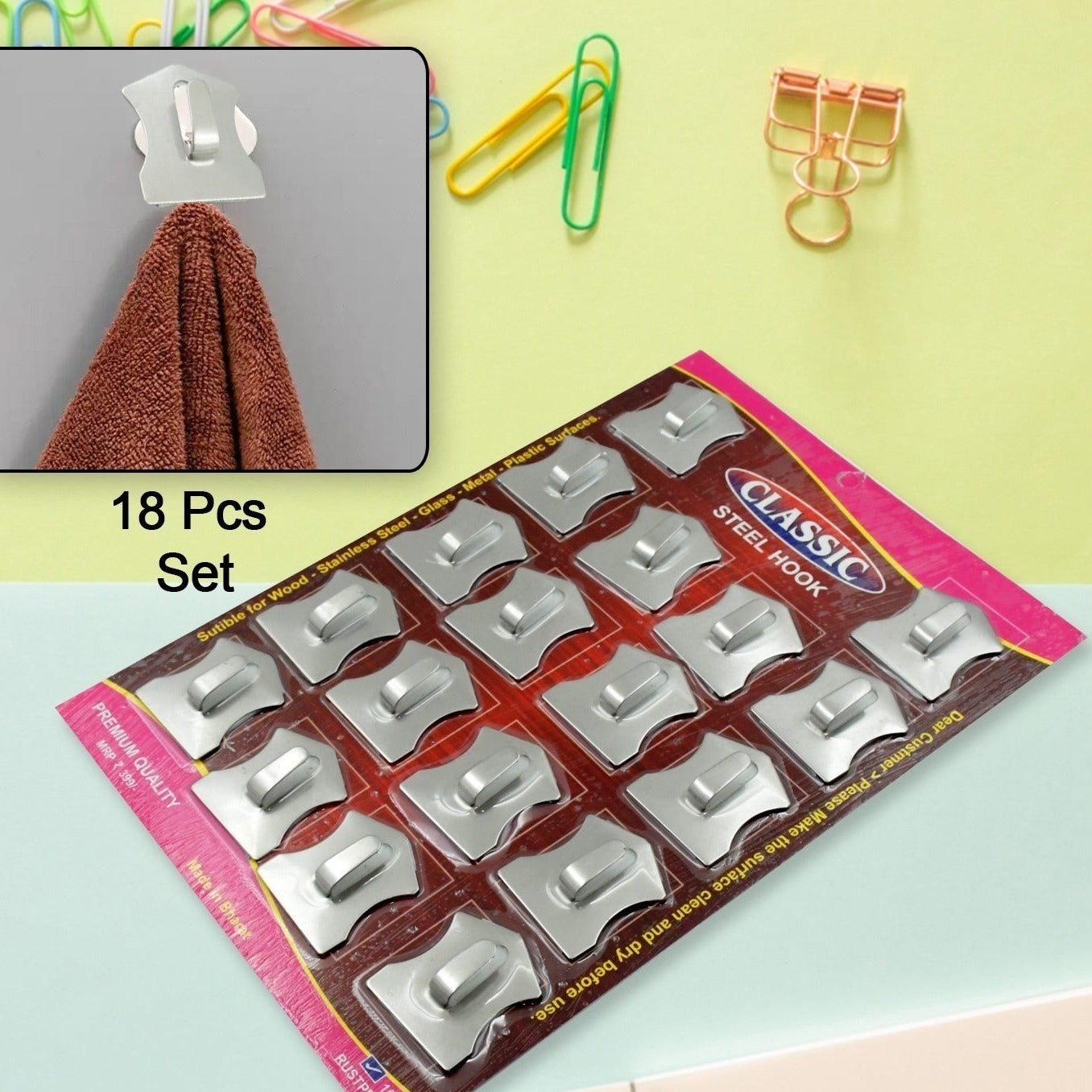 Multipurpose Stainless Steel Wall Hanging Hook 18 Pc Self Adhesive Stainless Steel Heavy Duty Wall Hooks For Hanging Clothes Calender Bathroom Tiles Kitchen Key Hange (18 Pc Set) - Happy Price - Image 1