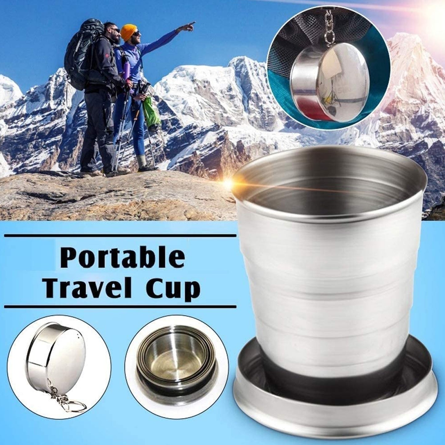 2-in-1 Collapsible Stainless Steel Camping Cup with Keychain (1 Pc) - Happy Price - Image 2