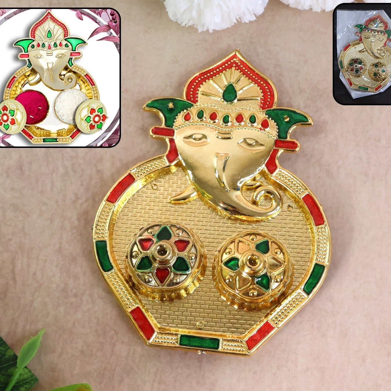 Ganesh Design Kumkum Box - 1 Pc Golden Finish with Stone Work - Happy Price - Image 1
