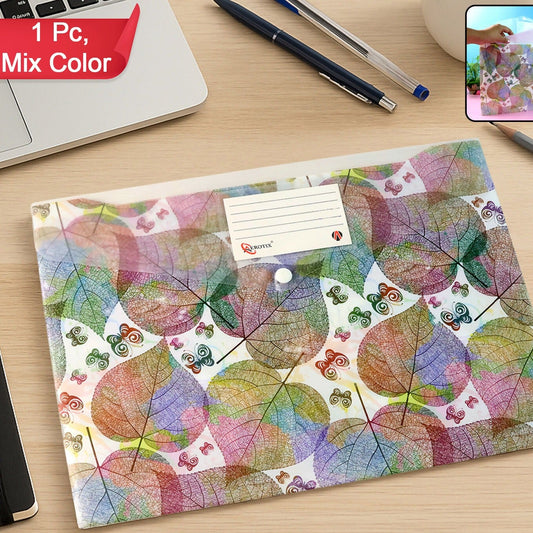 A4 Leaf Print Document Folder with Button Closure and Label Slot (1 Pc) - Happy Price - Image 1