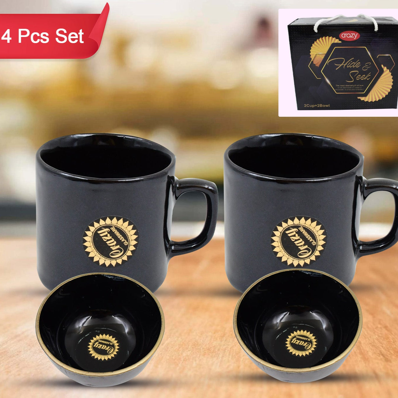 Hide  Seek Ceramic Tea  Cups With Round Serving Bowl (4 Pcs Set) - Happy Price - Image 1