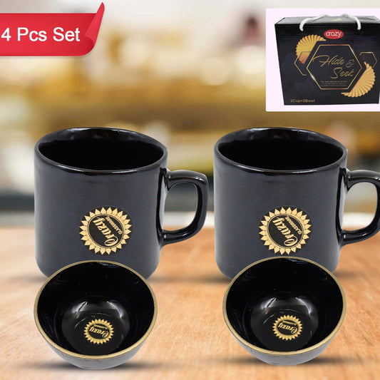 Hide  Seek Ceramic Tea  Cups With Round Serving Bowl (4 Pcs Set) - Happy Price - Image 1
