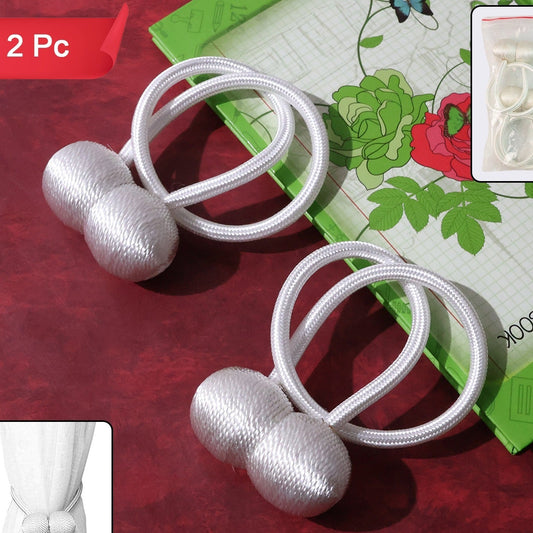 Magnetic Curtain Tiebacks (2 Pc Set) - Silver Braided Rope Holdbacks - Happy Price - Image 1