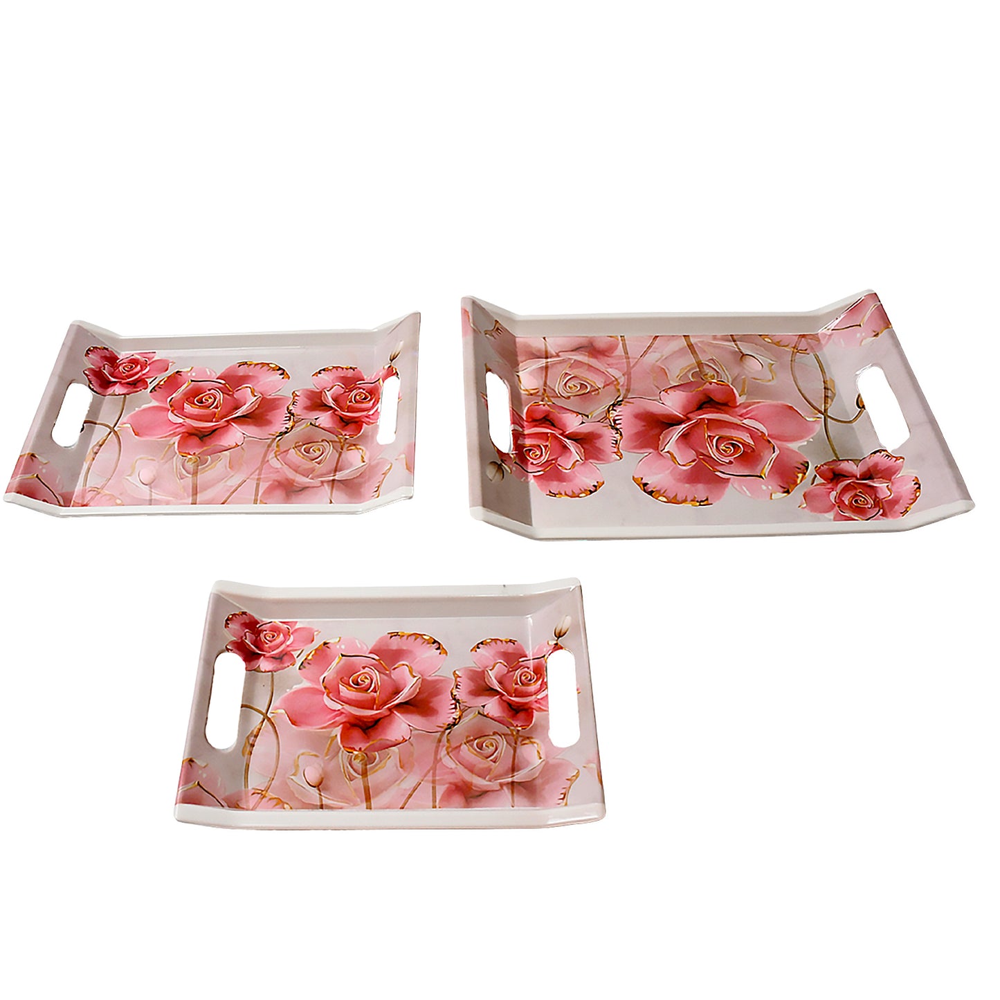 Plastic Rectangular Shape Flower Printed Design Serving Tray 3 Pcs Home And Kitchen Use (3 Pcs Set) - Happy Price - Image 3