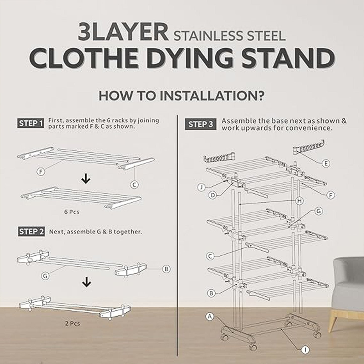 3-tier Foldable Stainless Steel Cloth Drying Stand With Wheels - Happy Price - Image 5