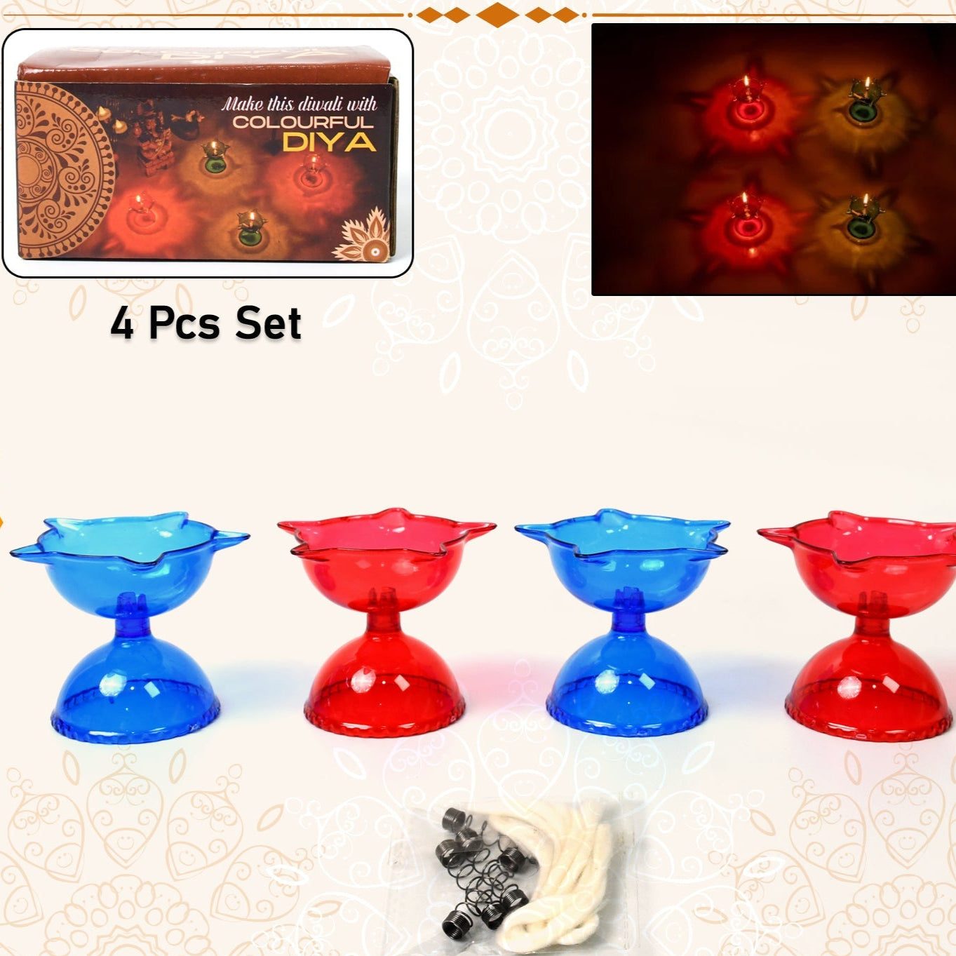 Colourful Reflection Diya Combo Plastic Candle Cup With Multi Shape (4 Pcs Set) - Happy Price - Image 1