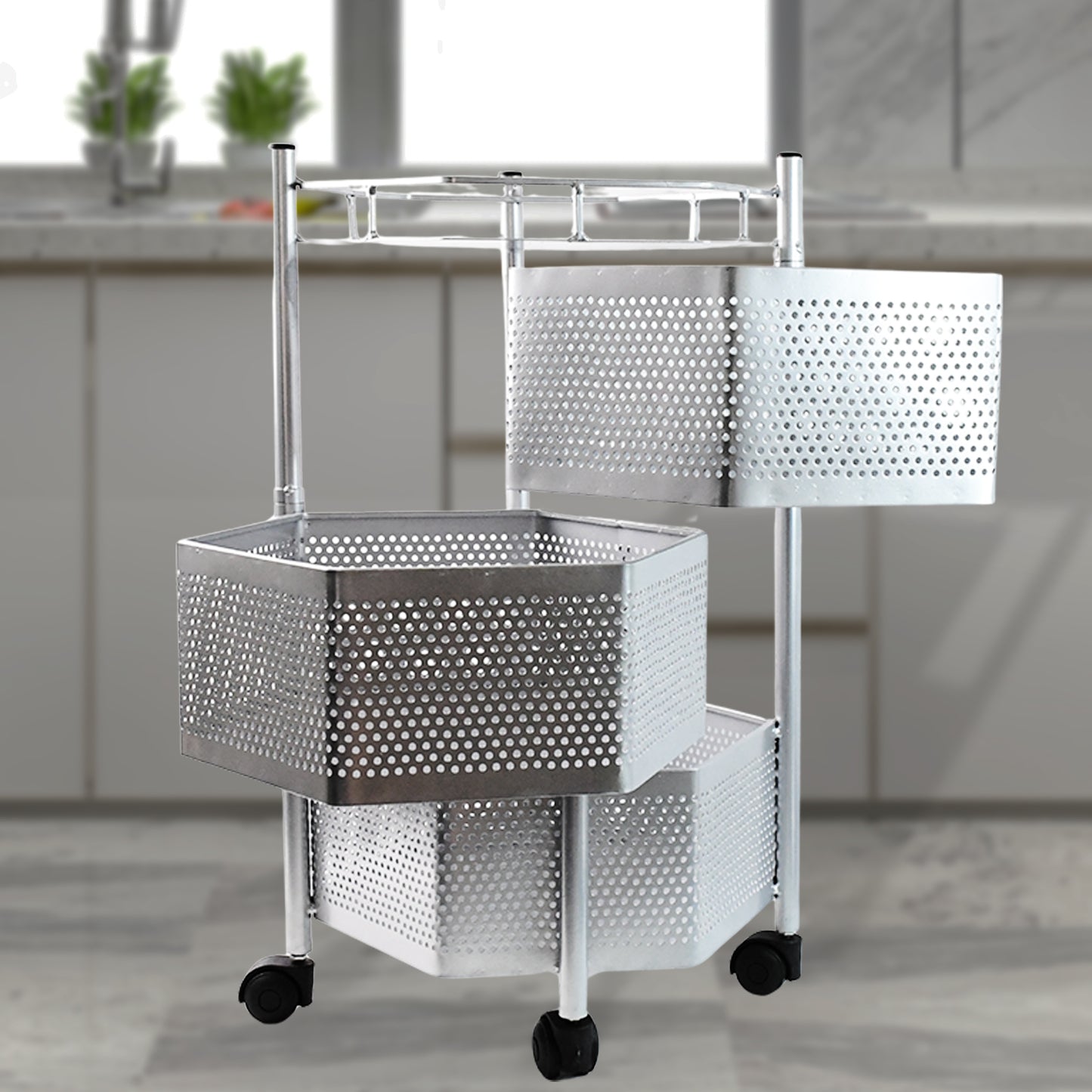 Premium 3-Layer Hexagon Kitchen Storage Trolley with Wheels (1 Pc) - Happy Price - Image 3