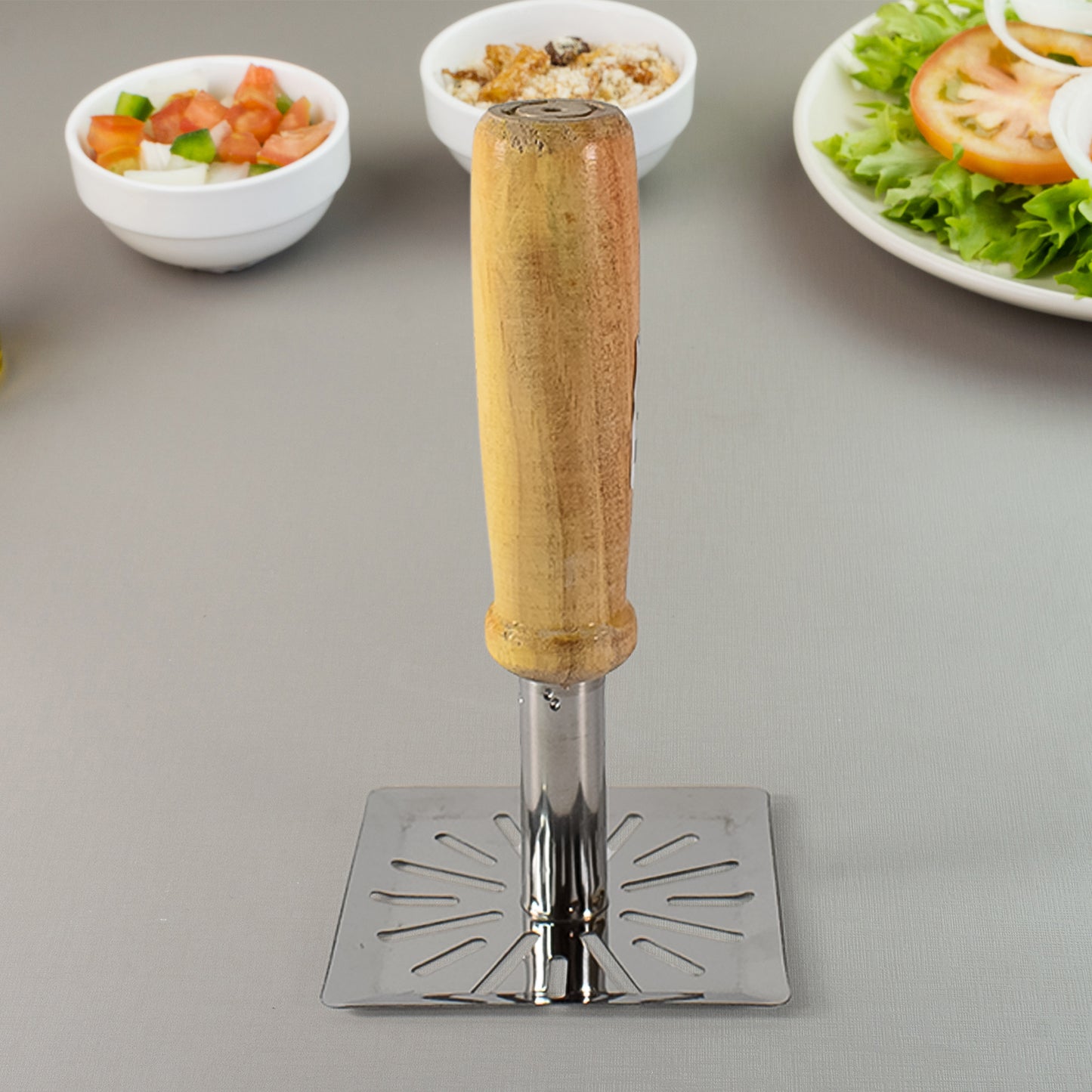Kitchen Tools Wooden Handle Square Stainless Steel Potato Masher (1 Pc) - Happy Price - Image 5