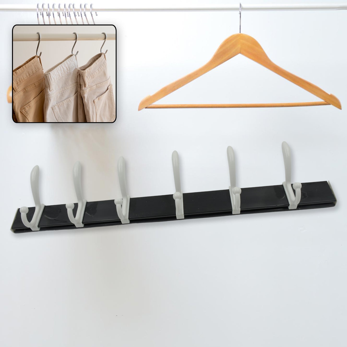 Cloth Hanger Wall Door Hooks Rail For Hanging Clothes For Hanging Hook Rack Rail Extra Long Coat Hanger Wall Mount For Clothes Jacket Hats 6 Hook With Eco-friendly Liquid Adhesive Glue - Happy Price - Image 3
