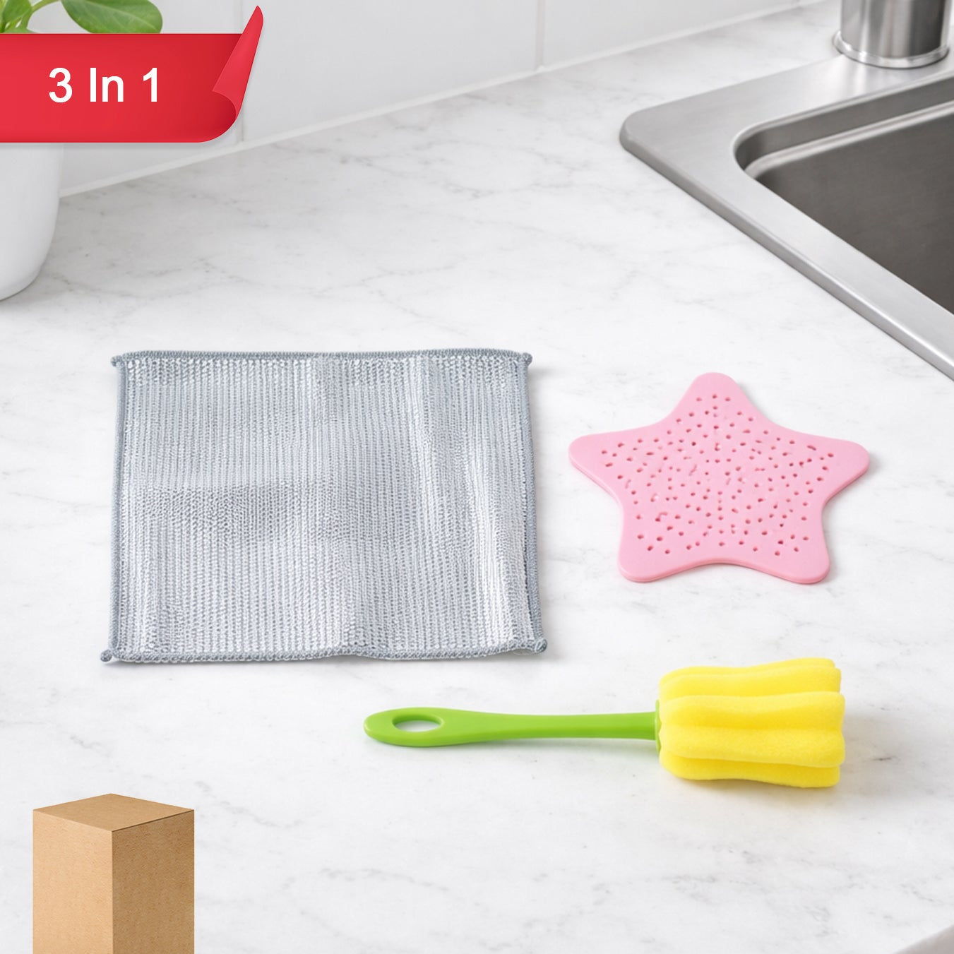 3-Piece Kitchen Cleaning Tool Set with Scrubber, Strainer & Bottle Brush - Happy Price - Image 1