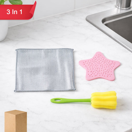 3-Piece Kitchen Cleaning Tool Set with Scrubber, Strainer & Bottle Brush - Happy Price - Image 1