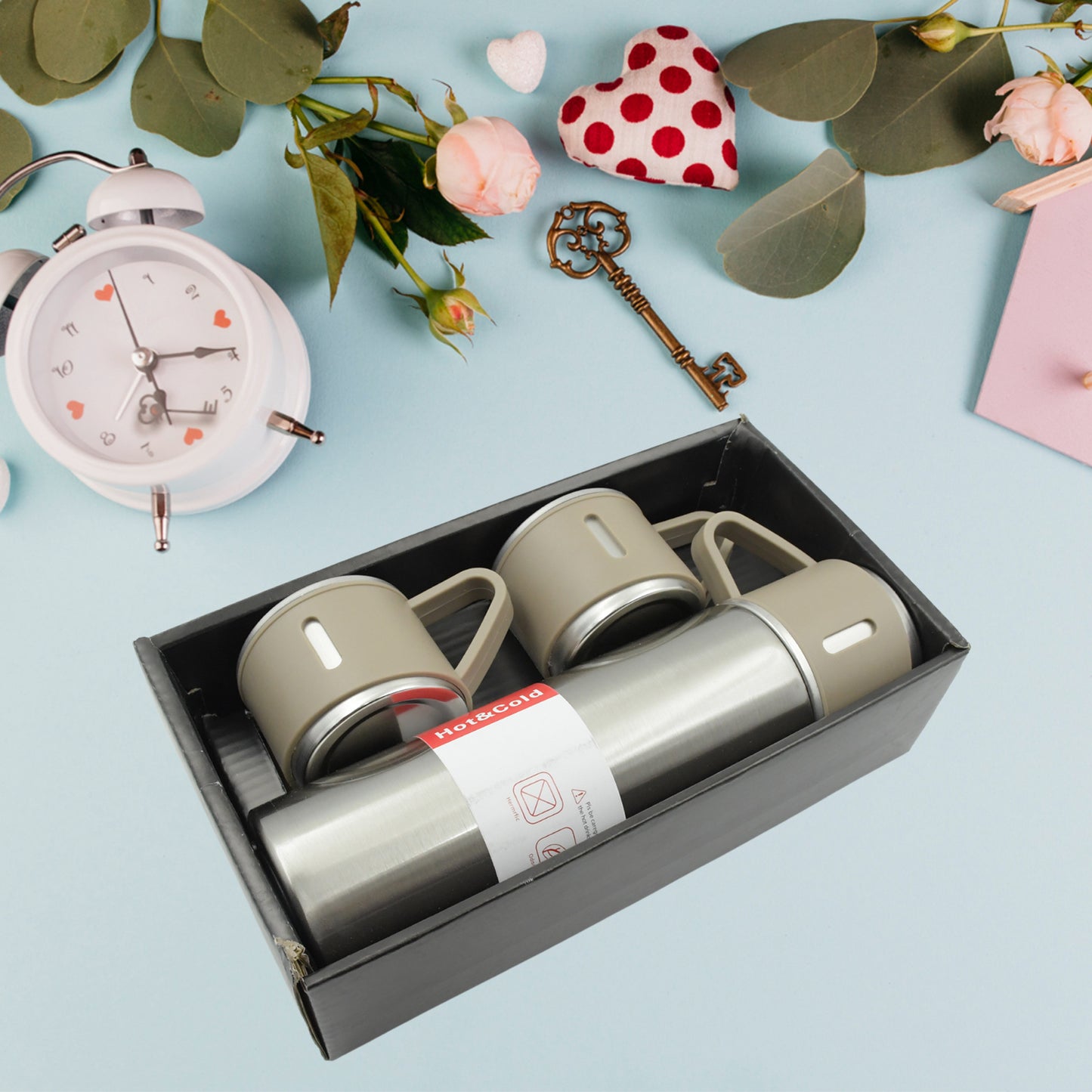 Stainless Steel Vacuum Flask Set With 3 Steel Cups Combo For Coffee Hot Drink And Cold Water Flask Ideal Gifting Travel Friendly Latest Flask Bottle. (500ml) - Happy Price - Image 3