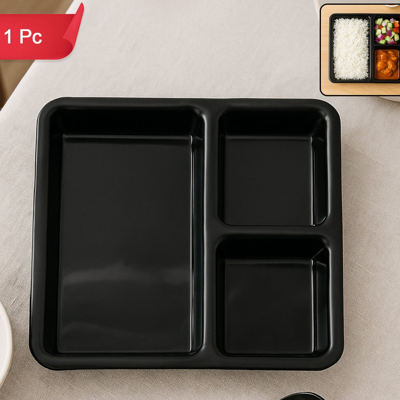 3 Section Meal Serving Tray - Rectangular Plastic Plate for Portion Control (1 Pc, Black) - Happy Price - Image 1