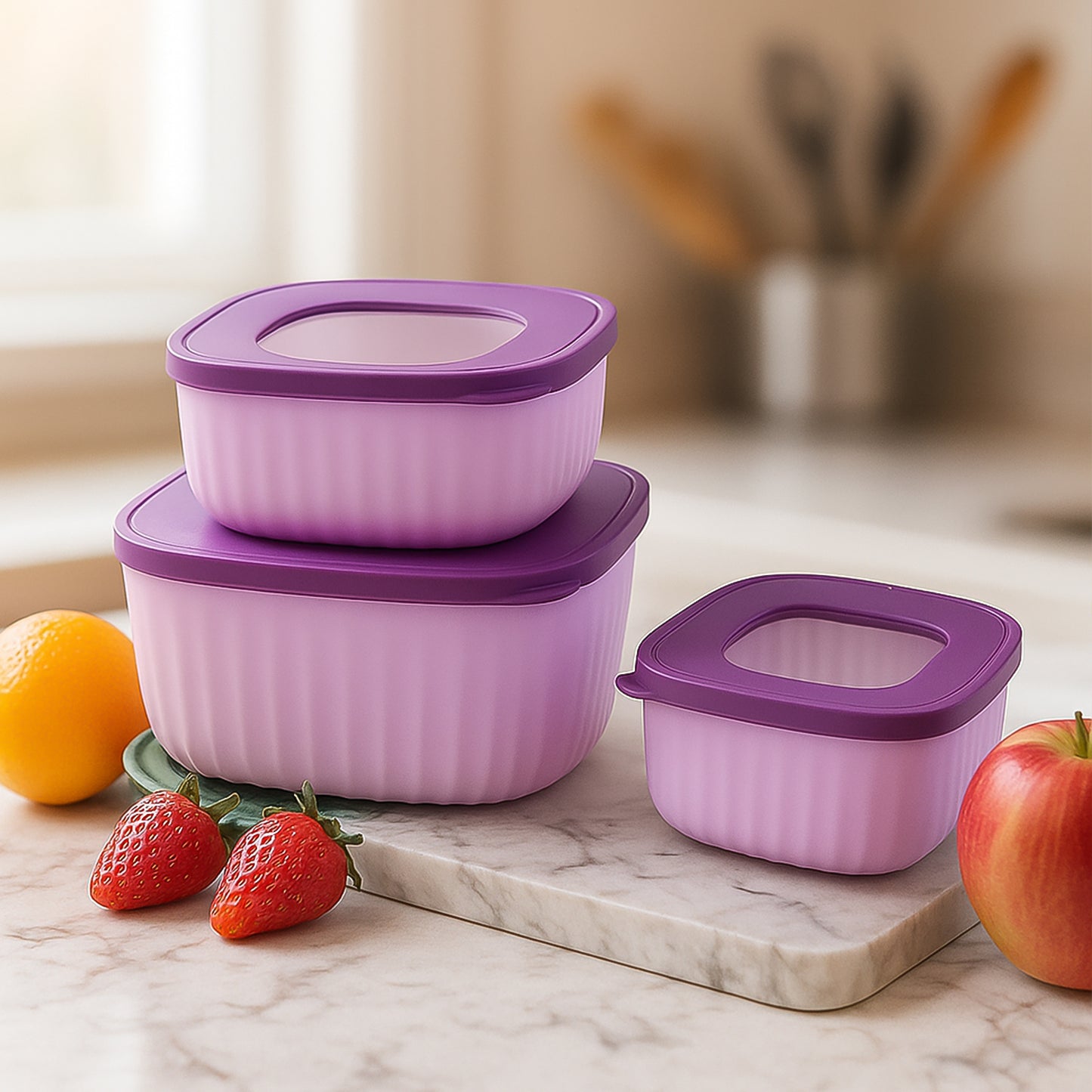 3 Piece Stackable Food Storage Container Set with Lids - Square Kitchen Organisers - Happy Price - Image 4
