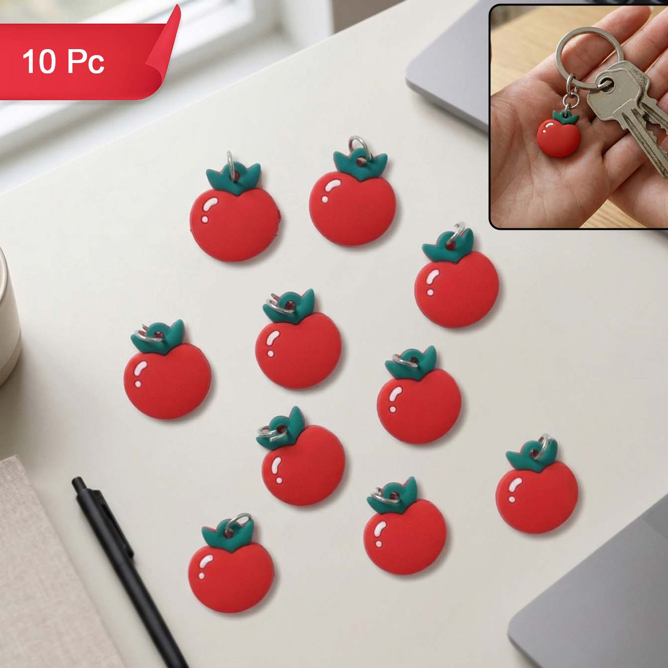 Cute Red Apple Shape Bag Charm Keychain Set (10 Pc)
