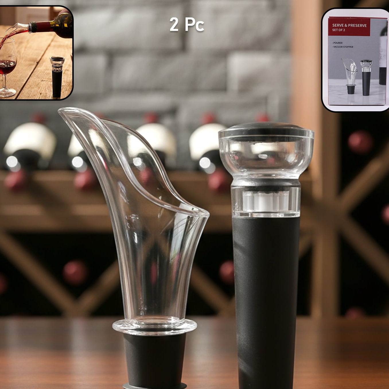 Wine Pourer and Vacuum Stopper Set - 2 Pc for Freshness - Happy Price - Image 1