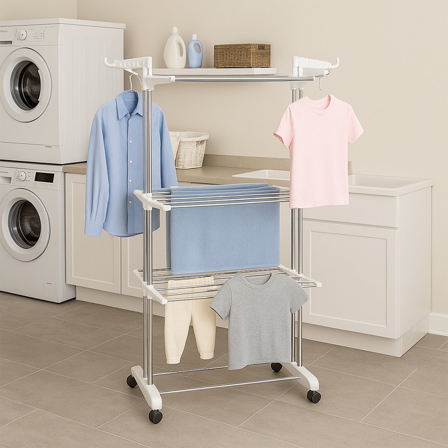 3-tier Foldable Stainless Steel Cloth Drying Stand With Wheels - Happy Price - Image 6