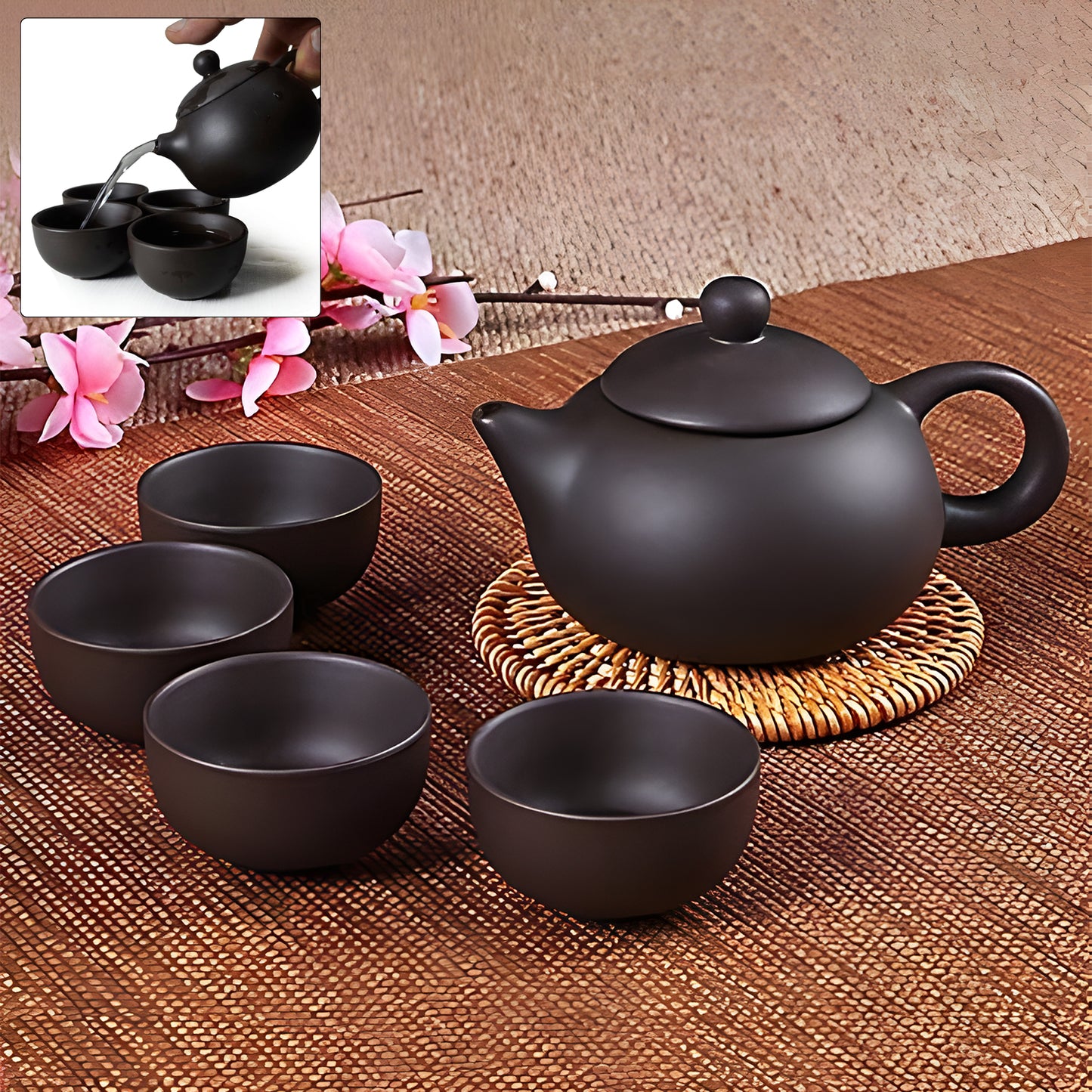 Black Clay Ceramic Tea Set with Teapot and 4 Cups - 5 Piece Oriental Brew Set - Happy Price - Image 4