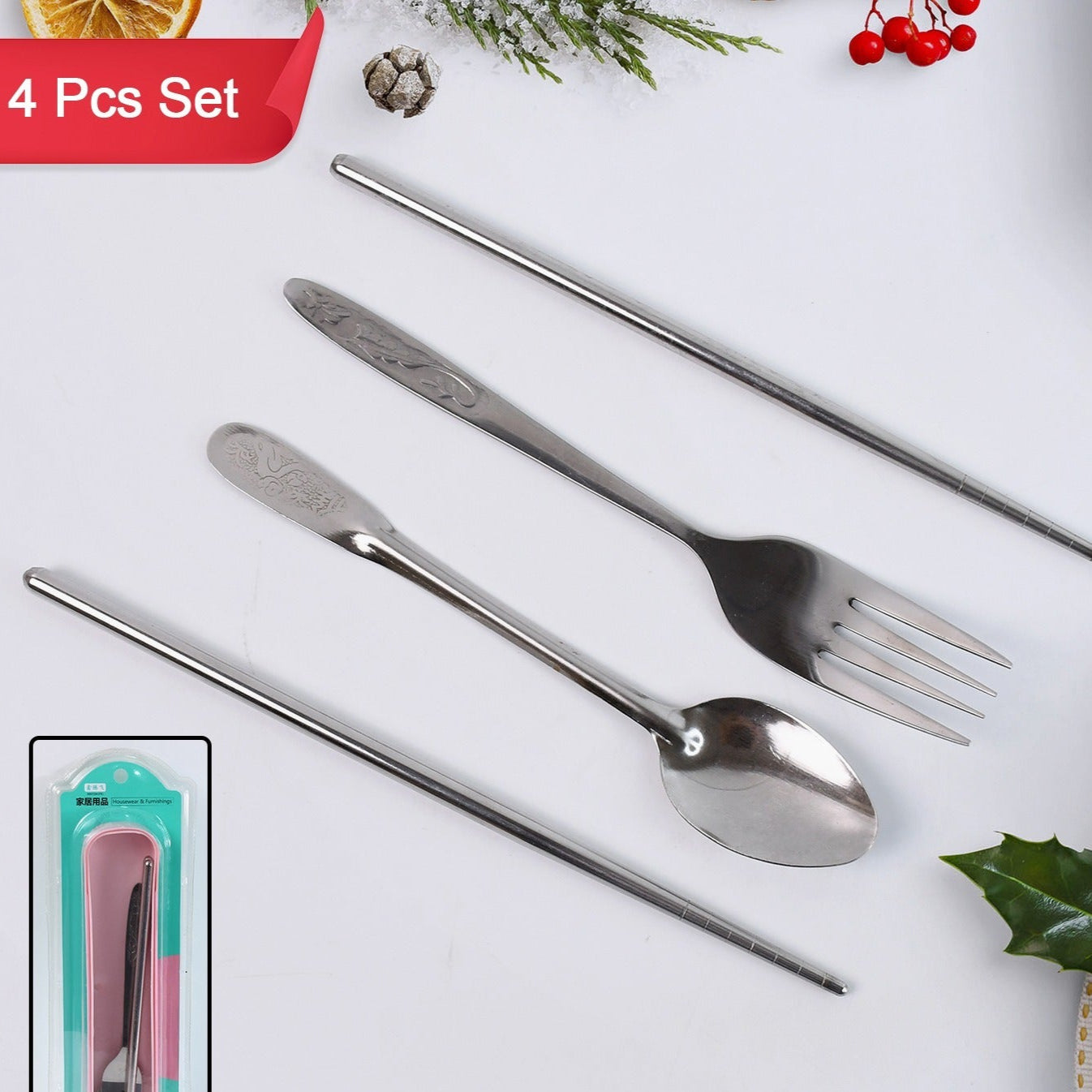 Portable Utensils Travel Camping Cutlery Set 4 Pc With Case - Happy Price - Image 1