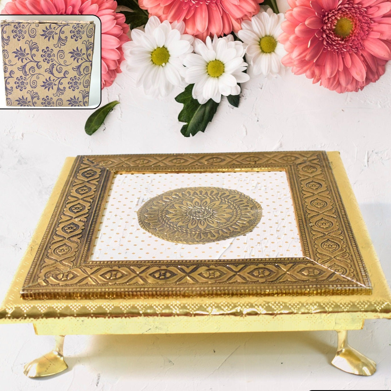 Golden - Square Pooja Chowki Patla  Bajot (2020 Cm  1 Pc) - Happy Price - Image 1