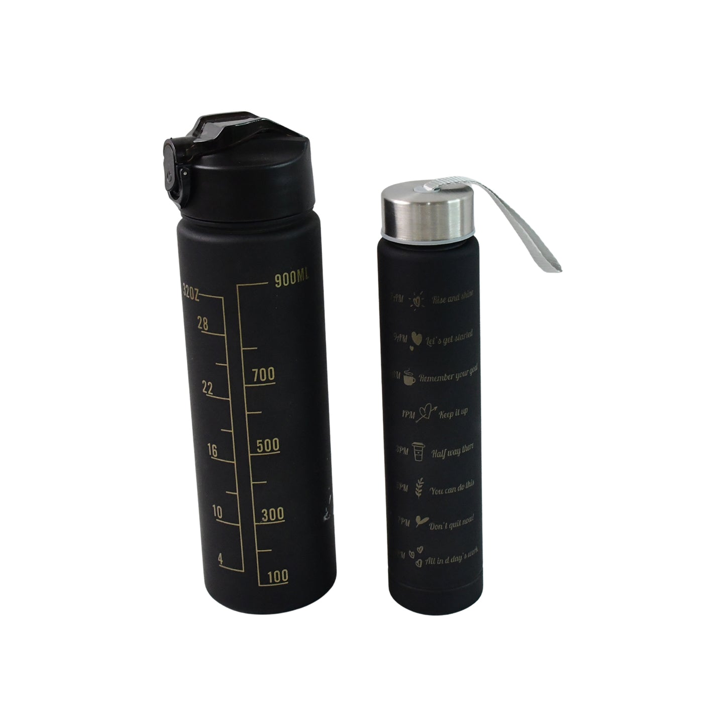 2 Pc Motivational Water Bottle Set - 900 ML & 300 ML Black Sipper Bottles - Happy Price - Image 2