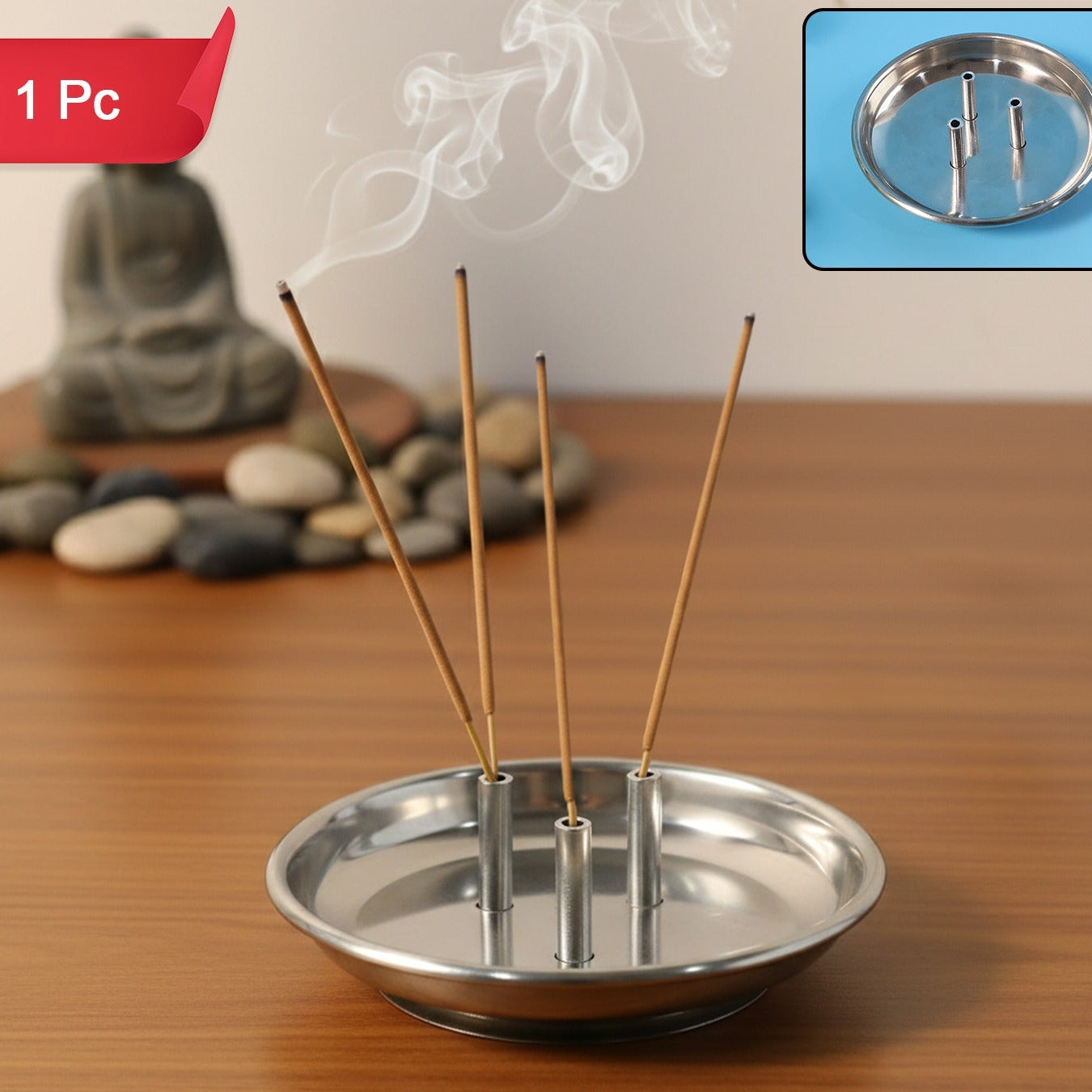 Stainless Steel Agarbatti Stand with 3 Stick Holder & Ash Catcher - 1 Pc - Happy Price - Image 1
