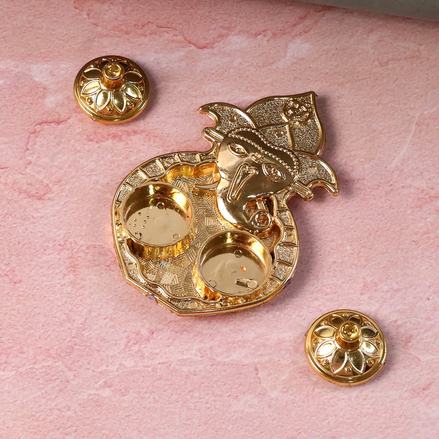 Lord Ganesha Kumkum Holder with Dual Compartments - Golden Plastic Pooja Accessory (1 Pc) - Happy Price - Image 5