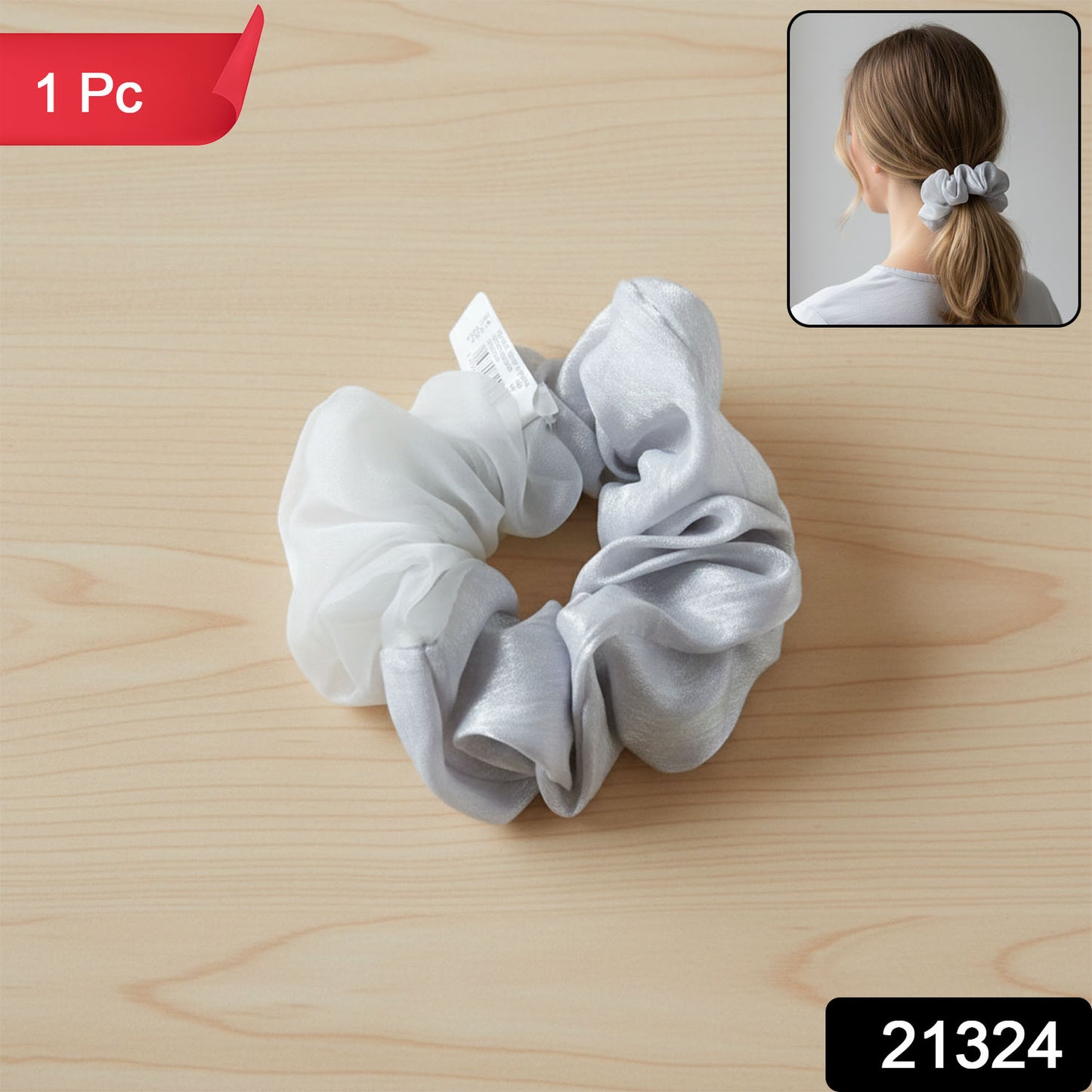 Dual-Tone Satin Mesh Hair Scrunchie (1 Pc) - Happy Price - Image 1