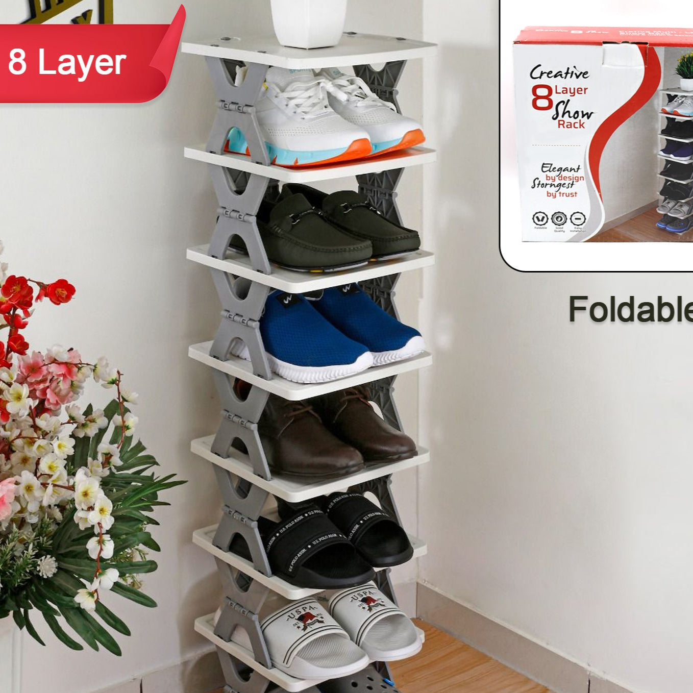 Smart Shoe Rack With 8 Layer Shoes Stand Multifunctional Entryway Foldable  Collapsible Door Shoe Rack Free Standing Heavy Duty Plastic Shoe Shelf Storage Organizer Narrow Footwear Home - Happy Price - Image 1