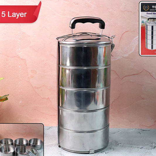5 Container Stainless Steel Round Tiffin Box - 16x5 Inch Meal Carrier - Happy Price - Image 1