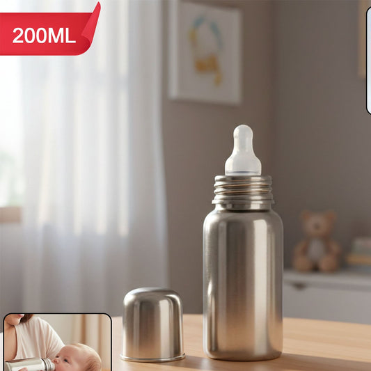 200ml Stainless Steel Baby Feeding Bottle with Silicone Nipple - 1 Pc - Happy Price - Image 1