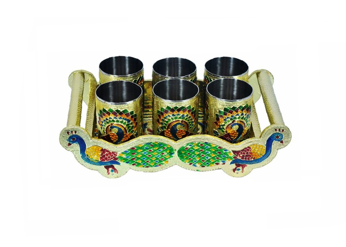 Peacock Design Glass With Handle And Handicraft Serving Tray Set - Happy Price - Image 1