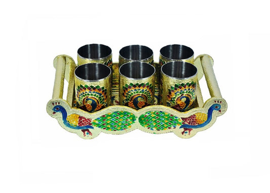 Peacock Design Glass With Handle And Handicraft Serving Tray Set - Happy Price - Image 1
