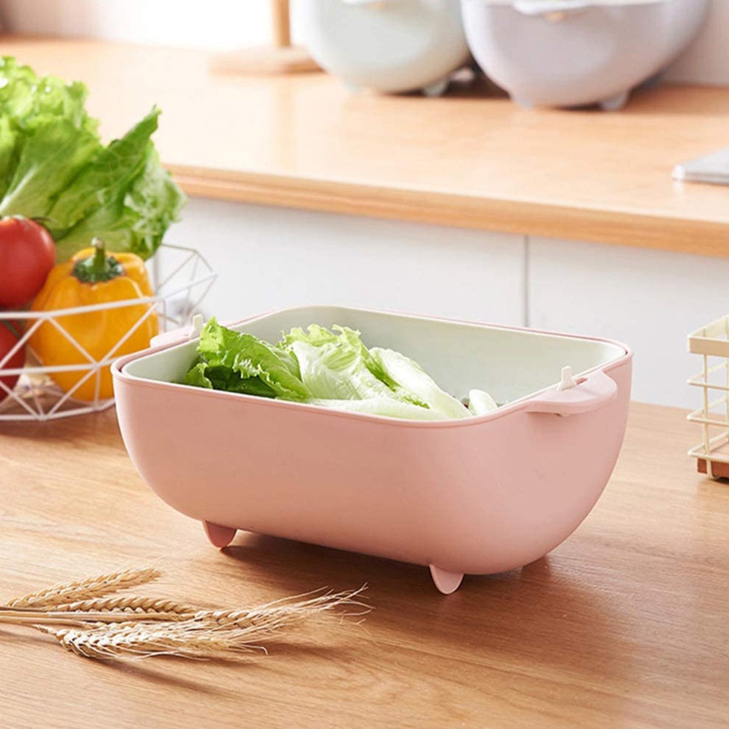 Multifunctional Bpa Free Double Layered Plastic Rotatable Strainer Bowl With Handles For Washing Rinsing Serving Vegetables  Fruits (Multicolor) - Happy Price - Image 5