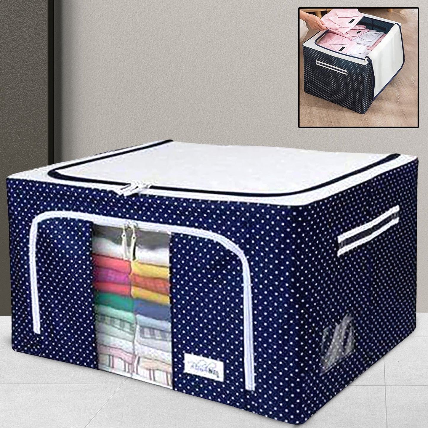 Foldable Steel Frame Clothes Living Storage Organizer Handled Bag Box For Large Size Bedding Blankets Women Saree Toys  Cloth Storage Box  Bag (66 Liter) - Happy Price - Image 2