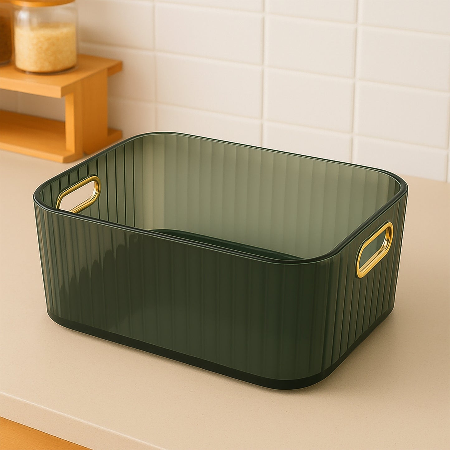 Premium Ribbed Transparent Storage Basket With Gold Handle  Multipurpose Kitchen Amp Home Organizer Box - Happy Price - Image 7